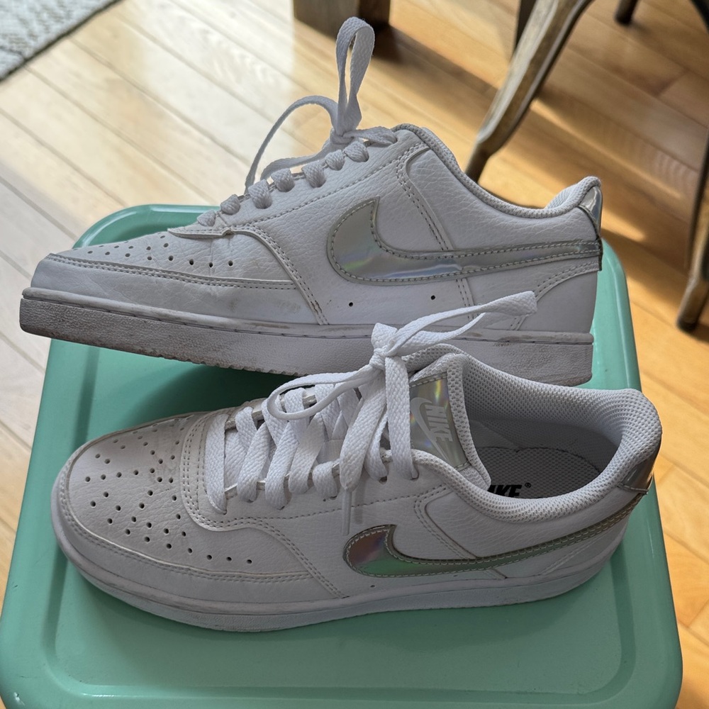 Nike White and Silver Iridescent Sneakers, 6.5.